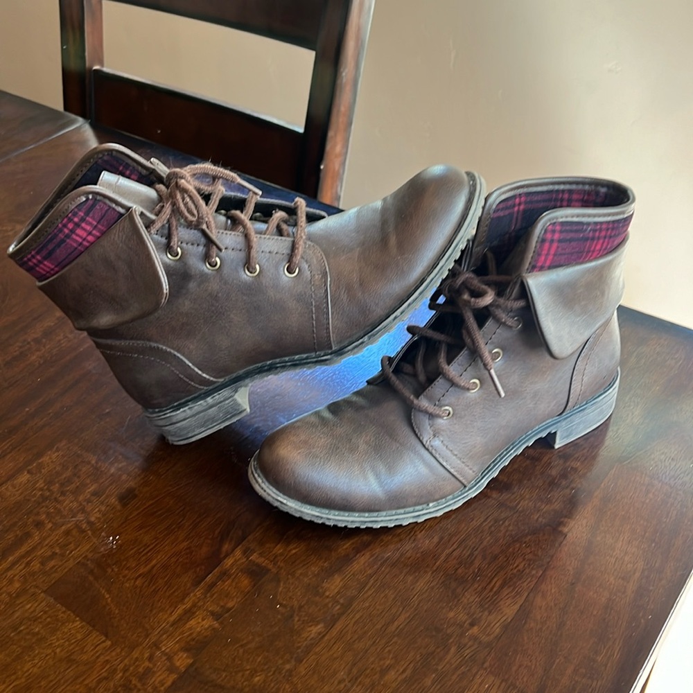 Brown Cute Ankle Combat Boots Foldable Flap